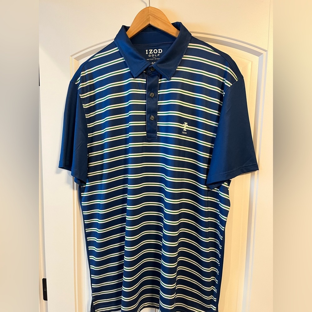 Izod Men's golf blue green and white striped Classic Fit Cooling Polo Size XL